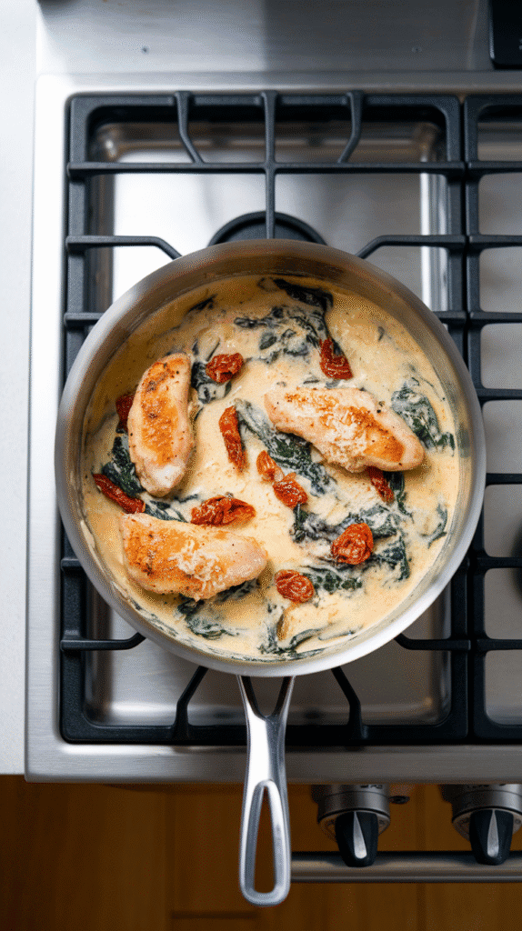 parmesan melting into creamy sauce with chicken tenders nestled back in, coated and ready to serve, on a modern stainless steel gas stove