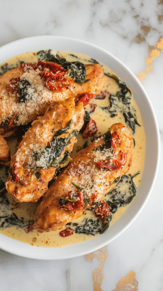 finished Tuscan chicken tenders in a skillet or plated, creamy sauce coating each tender, sun-dried tomatoes and spinach visible, with a sprinkle of parmesan and parsley