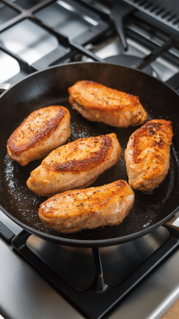 golden seared chicken tenders cooking in a skillet, edges browning, surface glistening, with seasoning visible