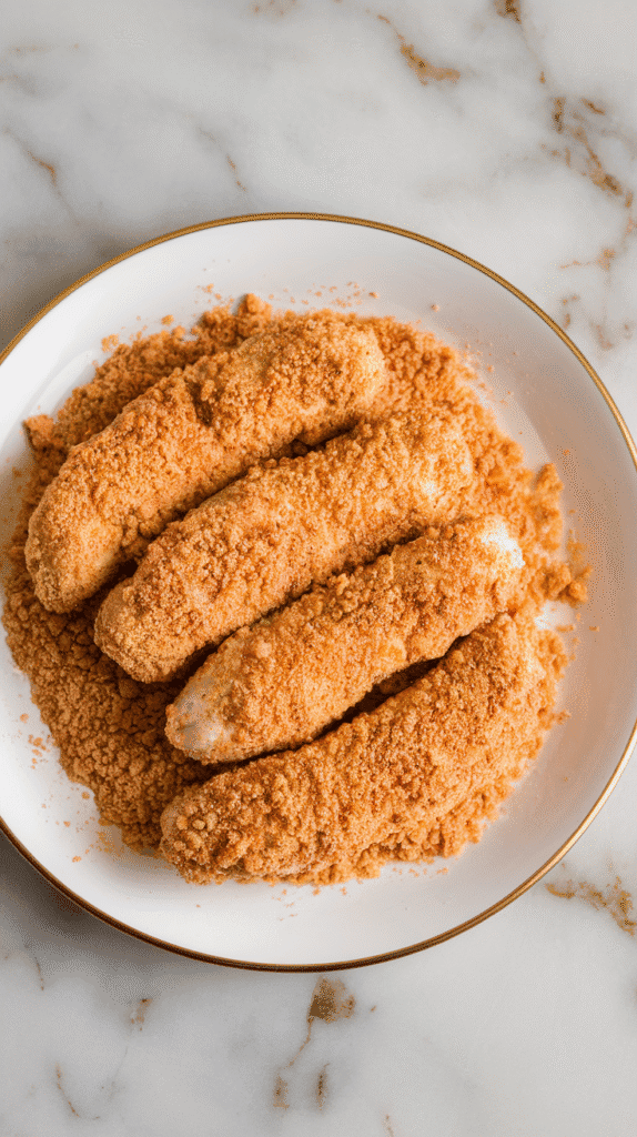 chicken tenders being pressed into seasoned breadcrumb mixture, breading sticking evenly, on a white marble counter