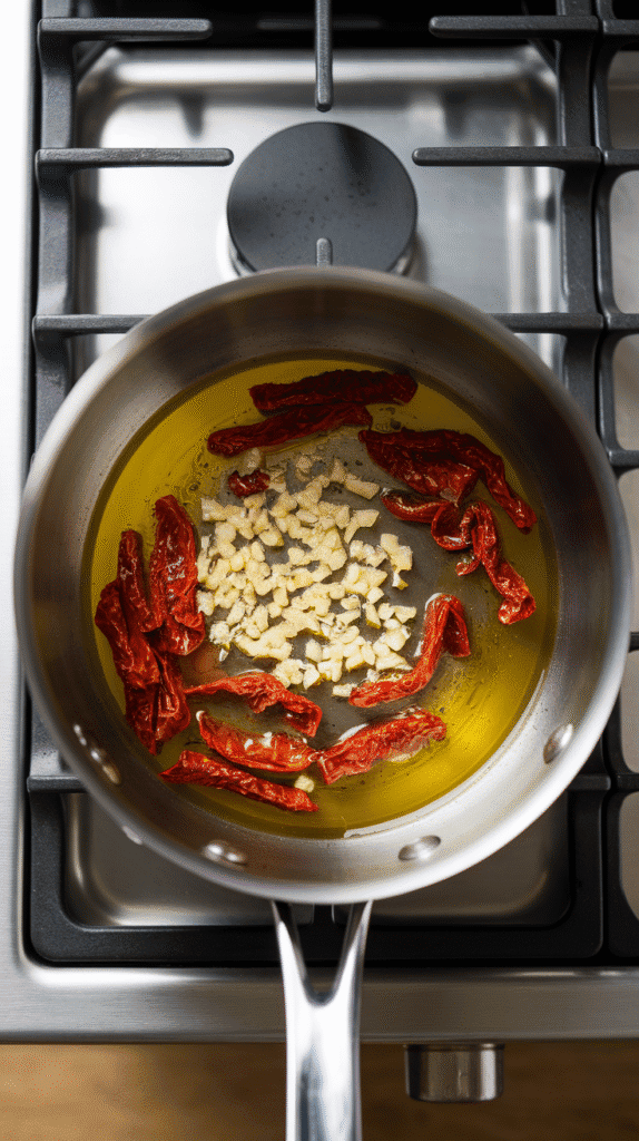 minced garlic and chopped sun-dried tomatoes sizzling in olive oil in a skillet, aromatic and slightly softened