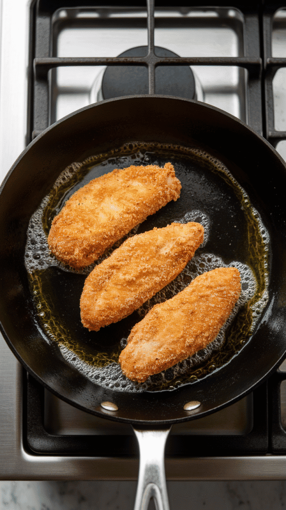 breaded chicken tenders cooking in a non-stick skillet with olive oil bubbling around edges OR on a baking rack in oven mid-bake