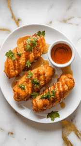 golden baked chicken tenders on a white plate with hot honey glaze drizzled over the top, fresh parsley sprinkled, small bowl of extra sauce on the side