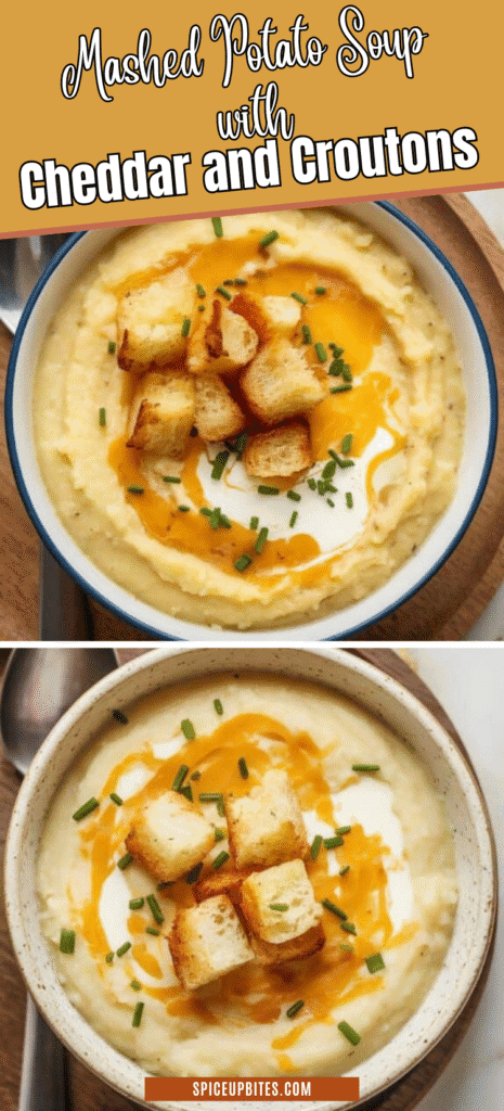 Mashed Potato Soup with Cheddar and Croutons