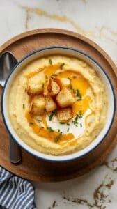 Mashed Potato Soup with Cheddar and Croutons