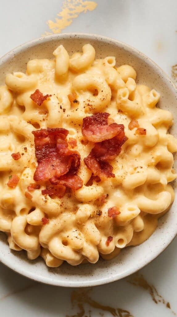 Three-Cheese Crockpot Mac and Cheese with Bacon and Mustard