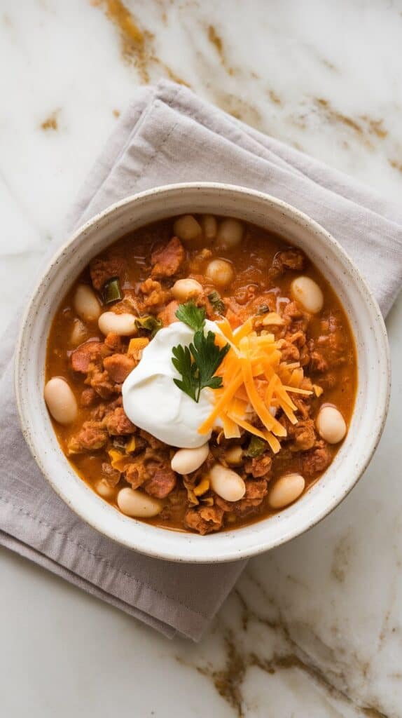 Crockpot Pumpkin White Bean Sausage Chili