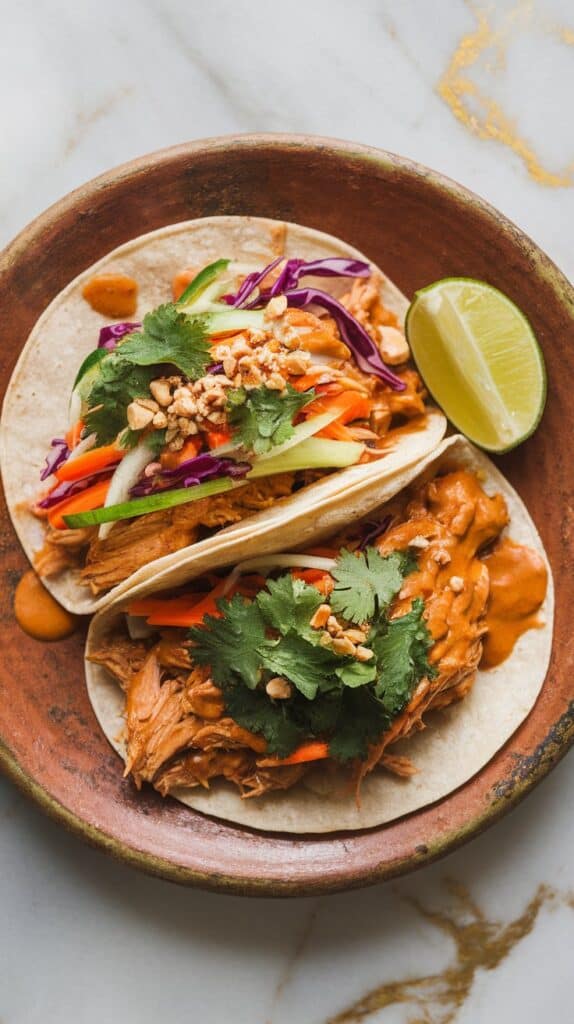 Thai Peanut Crockpot Chicken Tacos