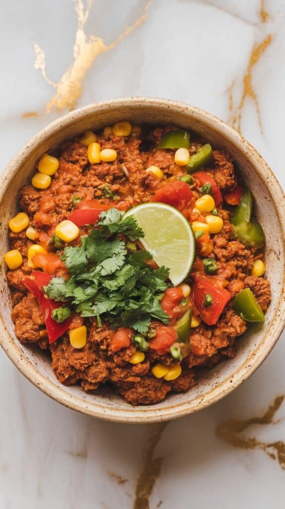 Crockpot Ground Beef Taco Meat with Corn & Peppers