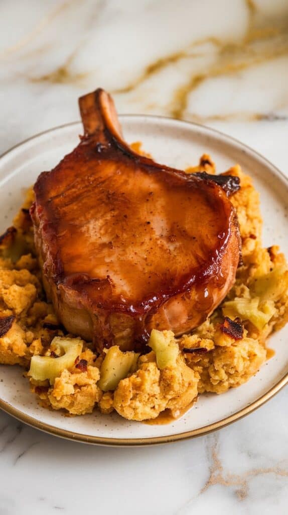 Maple Glazed Pork Chops with Cornbread Stuffing