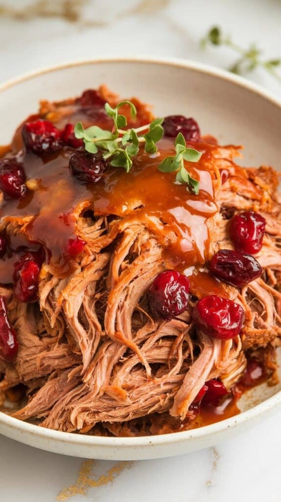 Crockpot Cranberry Chipotle Pulled Pork with Maple Glaze