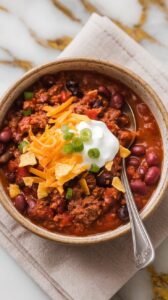 Chili con carne in a bowl.