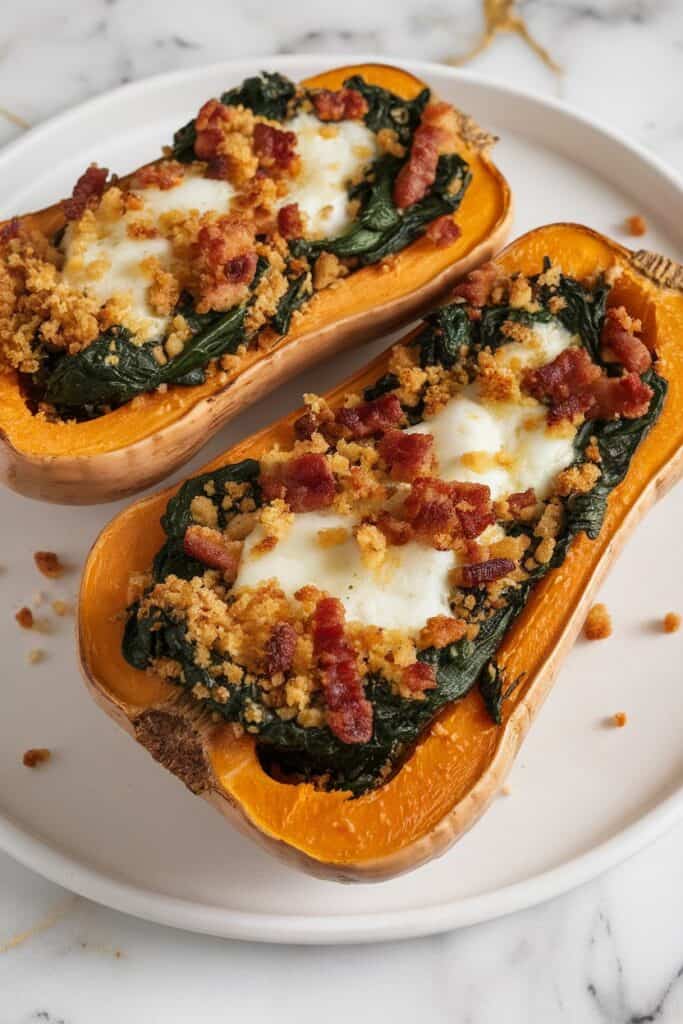 Stuffed Butternut Squash with Feta, Spinach & Bacon