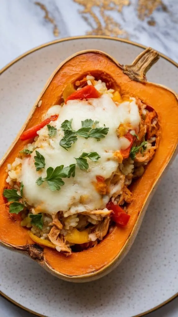 Stuffed Butternut Squash with Spicy Chicken and Rice