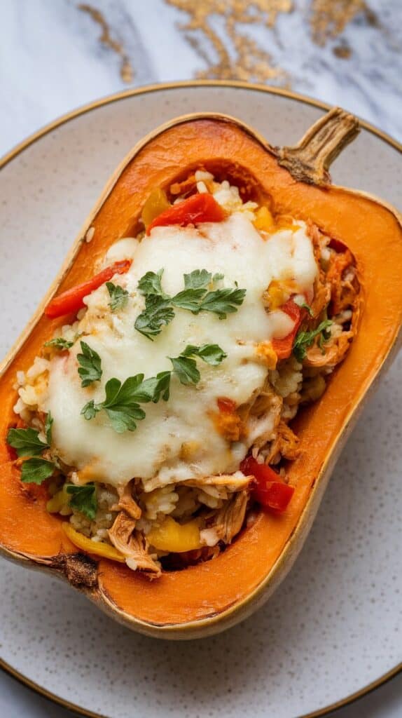Stuffed Butternut Squash with Spicy Chicken and Rice