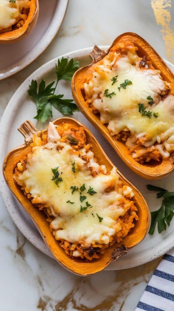 Stuffed Butternut Squash with Spicy Chicken and Rice