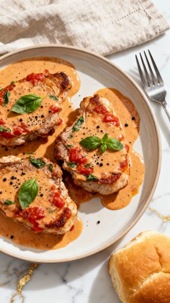 Crockpot Creamy Tomato Basil Pork Chops