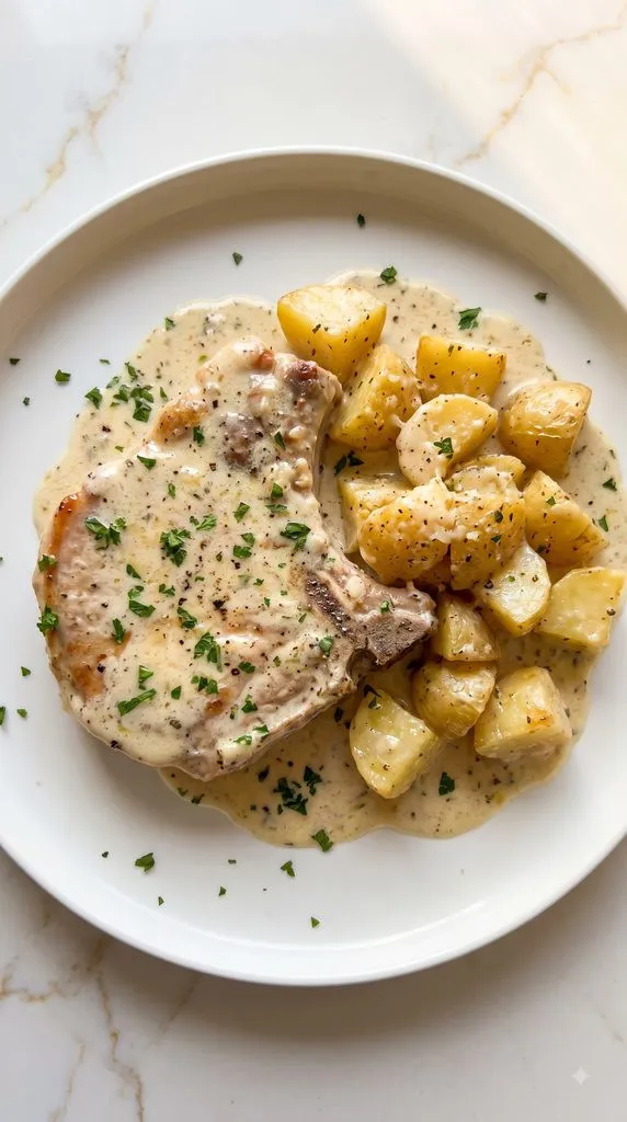Crockpot Creamy Garlic Pork Chops and Potatoes