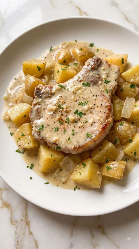 Crockpot Creamy Garlic Pork Chops and Potatoes
