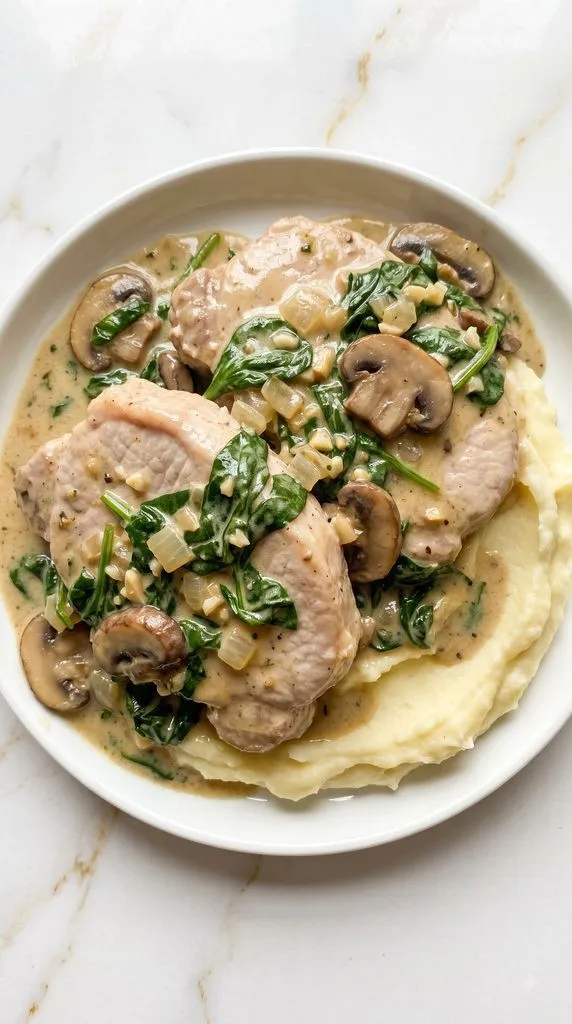 Crockpot Spinach Mushroom Pork Chops