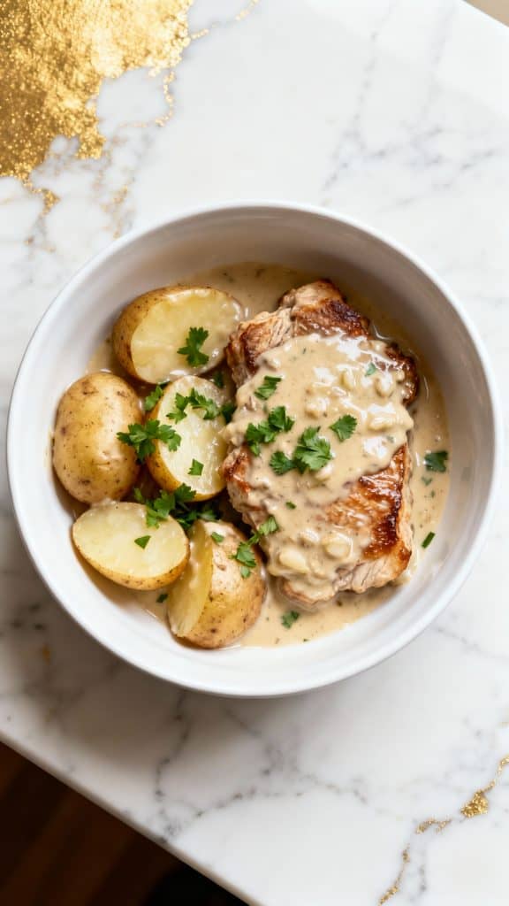Crockpot Creamy Garlic Pork Chops and Potatoes