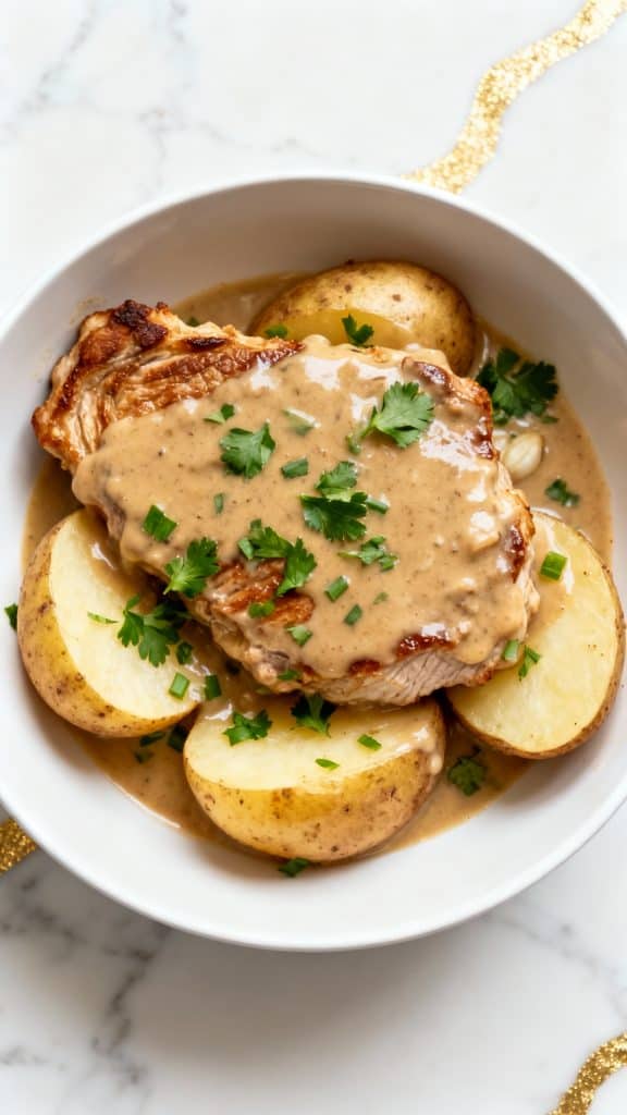 Crockpot Creamy Garlic Pork Chops and Potatoes