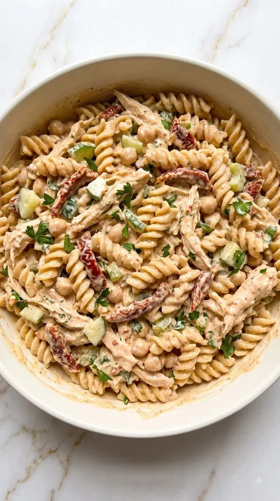 High Protein Tuscan Chicken Pasta Salad