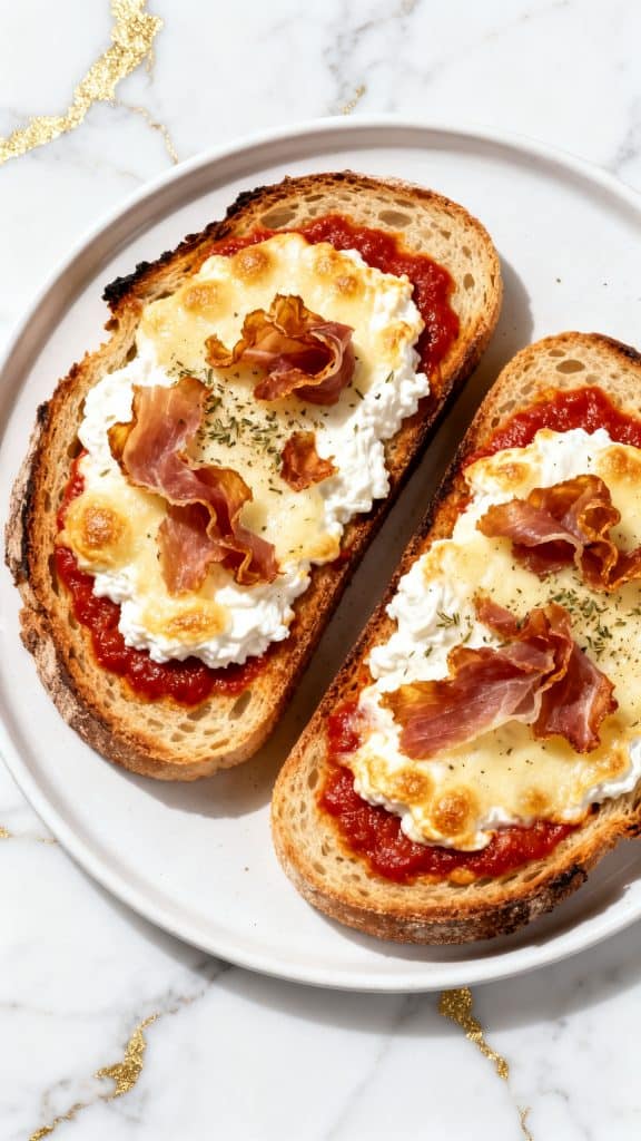 Pizza Cottage Cheese Toast with Crispy Prosciutto