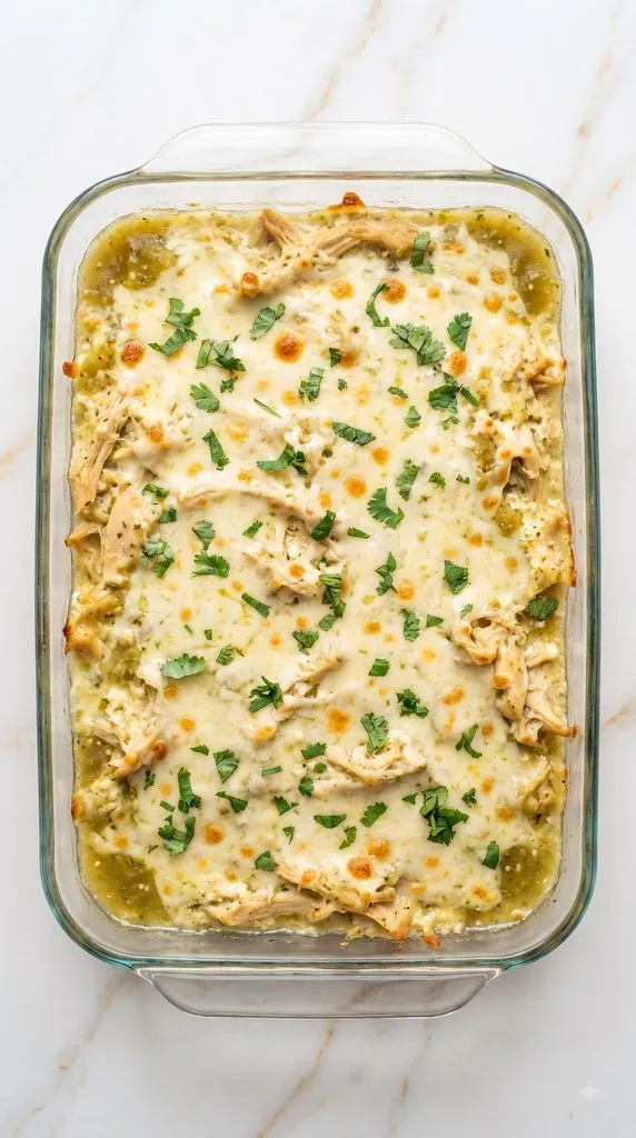 Creamy Salsa Verde Chicken Cottage Cheese Bake