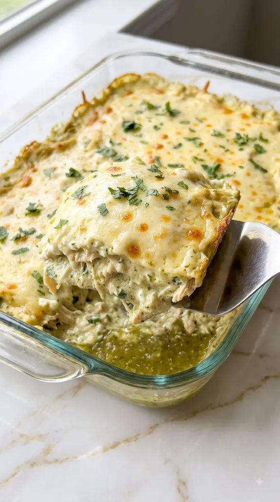 Creamy Salsa Verde Chicken Cottage Cheese Bake