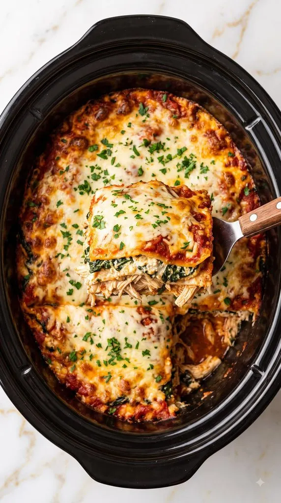 Crockpot Chicken Spinach Lasagna with Ricotta