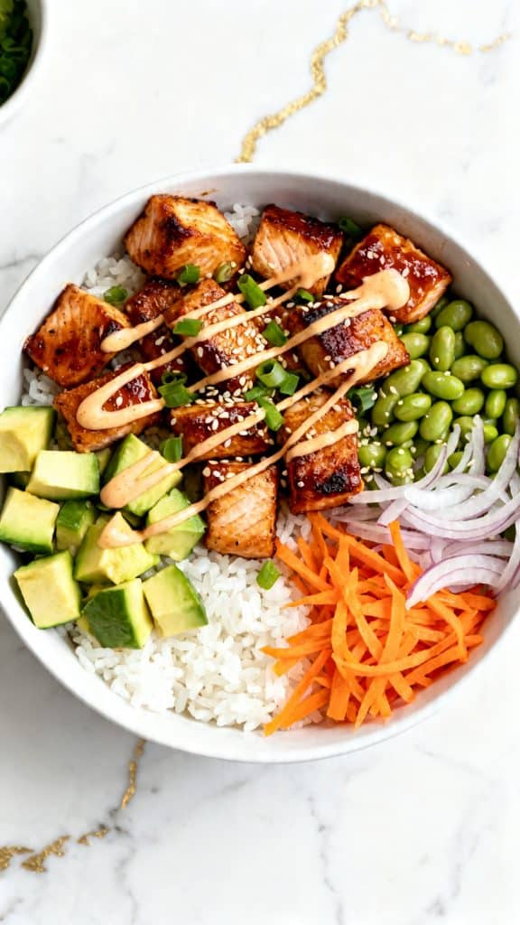 Air Fried Teriyaki Salmon Bites Rice Bowl