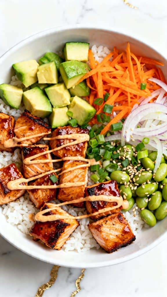 Air Fried Teriyaki Salmon Bites Rice Bowl
