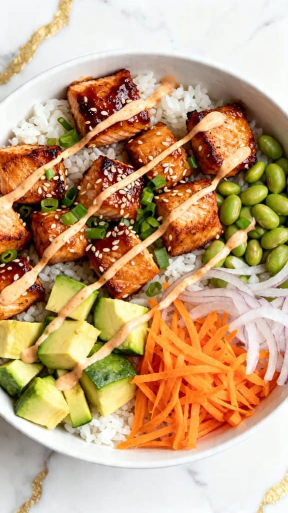 Air Fried Teriyaki Salmon Bites Rice Bowl