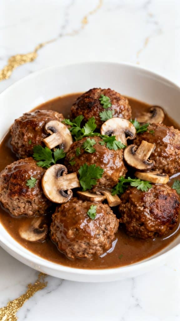 Air Fryer Salisbury Steak Meatballs with Mushroom Gravy
