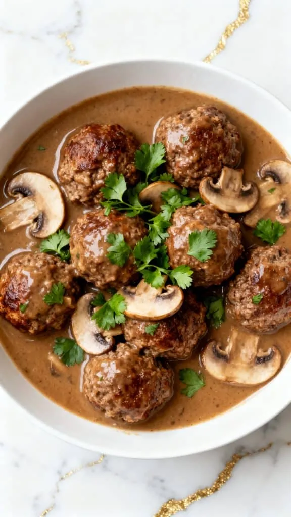 Air Fryer Salisbury Steak Meatballs with Mushroom Gravy