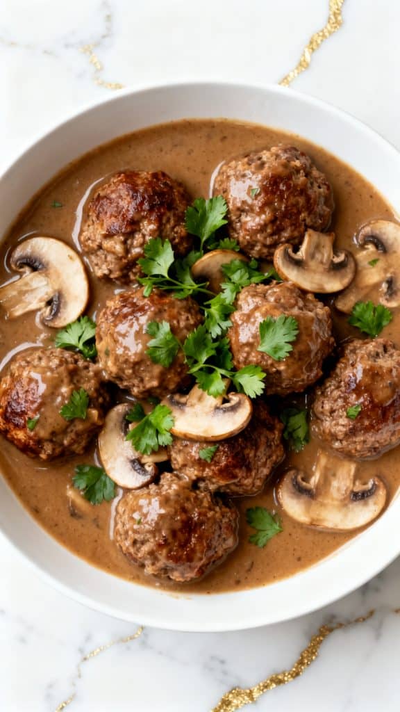 Air Fryer Salisbury Steak Meatballs with Mushroom Gravy