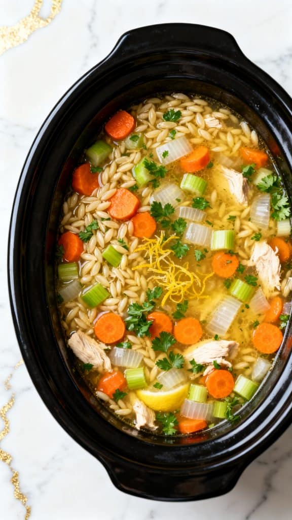 Crockpot Lemon Chicken Orzo Soup