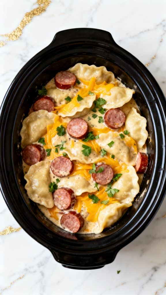 Crockpot Pierogi Casserole with Kielbasa
