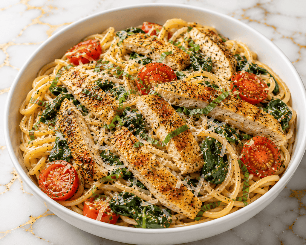 Mediterranean Tomato Spinach Chicken Spaghetti