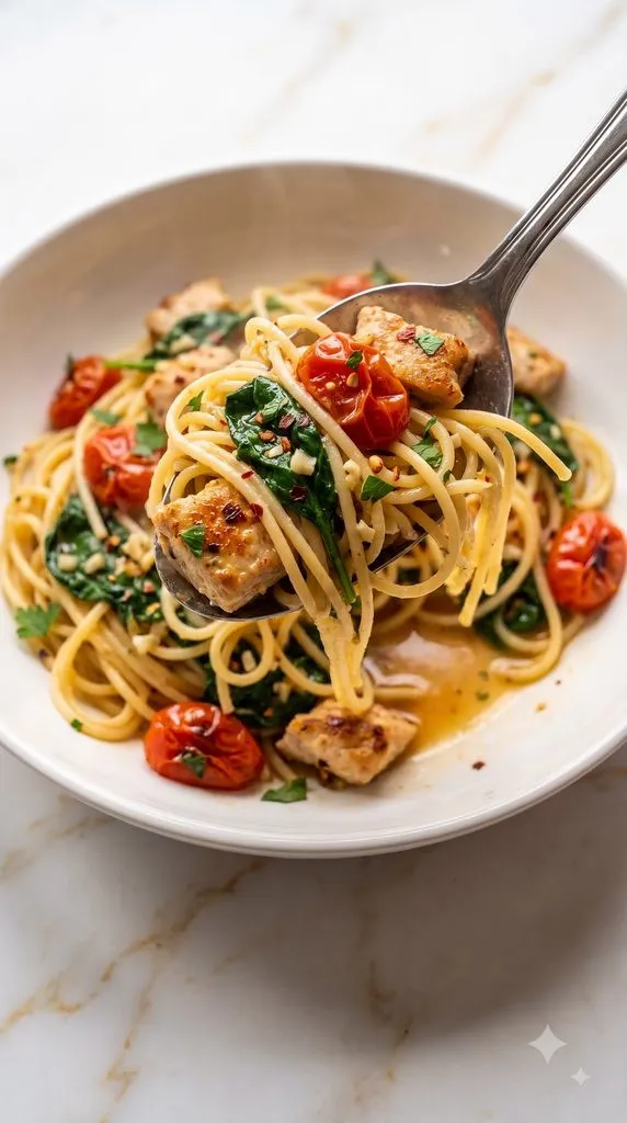 Mediterranean Tomato Spinach Chicken Spaghetti