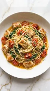 Mediterranean Tomato Spinach Chicken Spaghetti