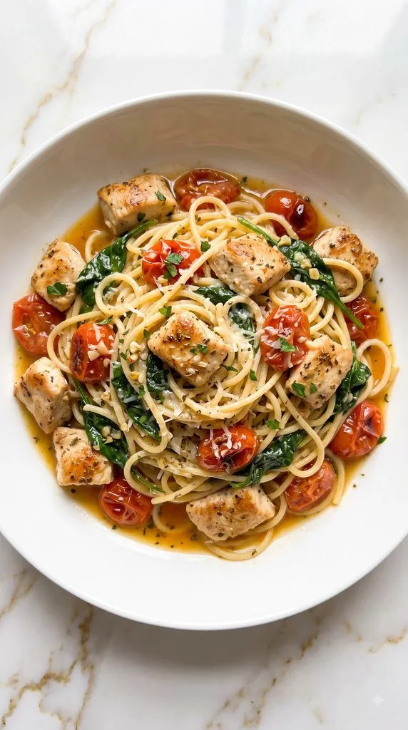 Mediterranean Tomato Spinach Chicken Spaghetti