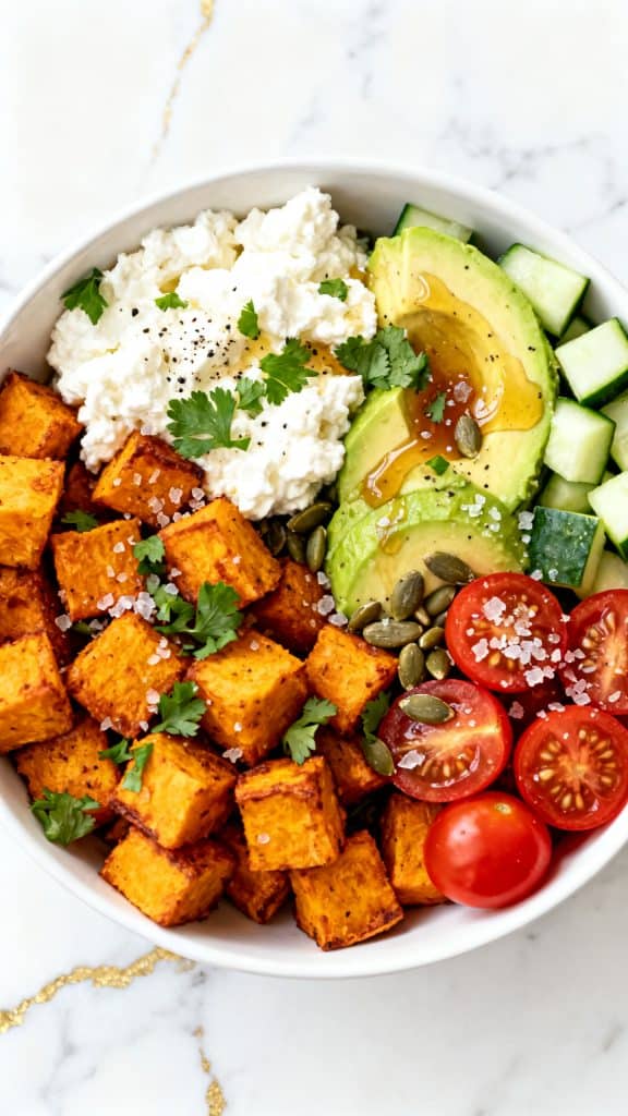 Air Fryer Sweet Potato Cottage Cheese Bowl
