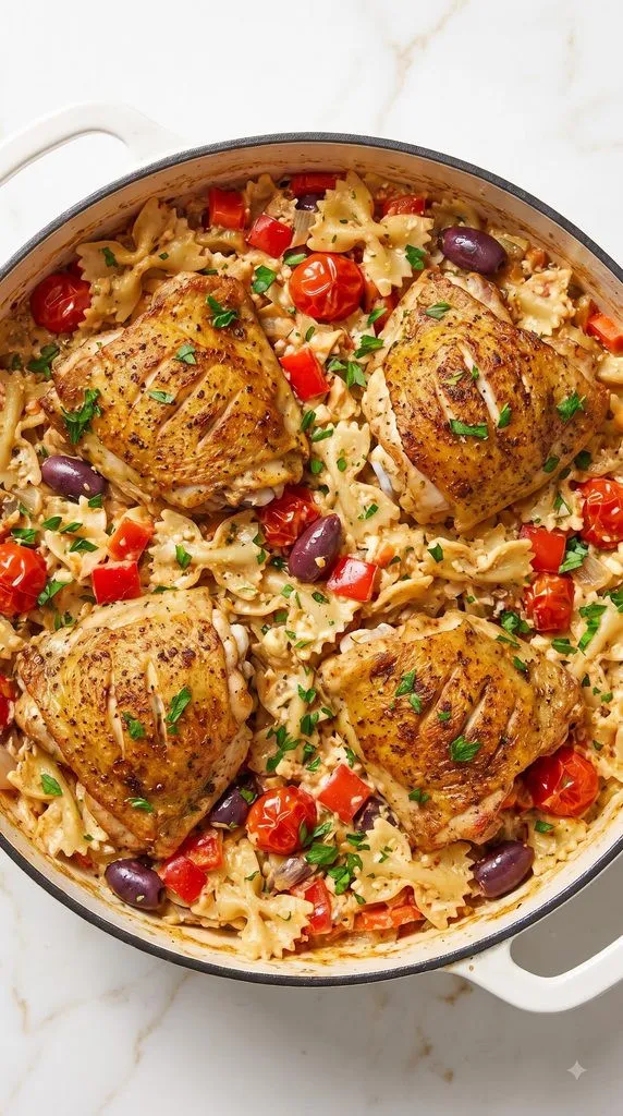 Mediterranean Chicken Feta Pasta Bake