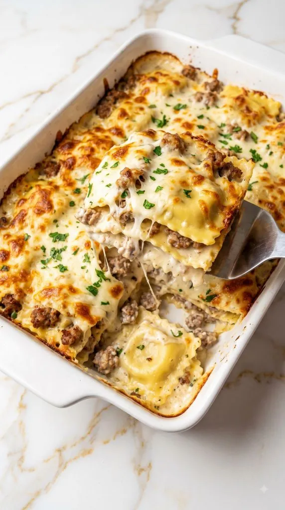 Baked Sausage Alfredo Ravioli Lasagna