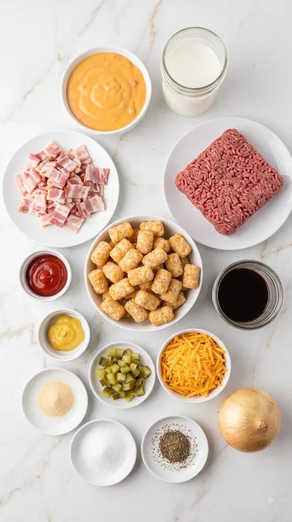 Ingredients for Bacon Cheeseburger Crock Pot Tater Tot Casserole