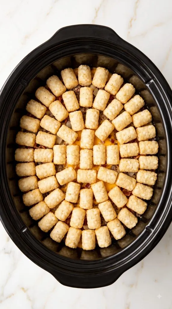 Step 4: Layer the Beef and Tater Tots
