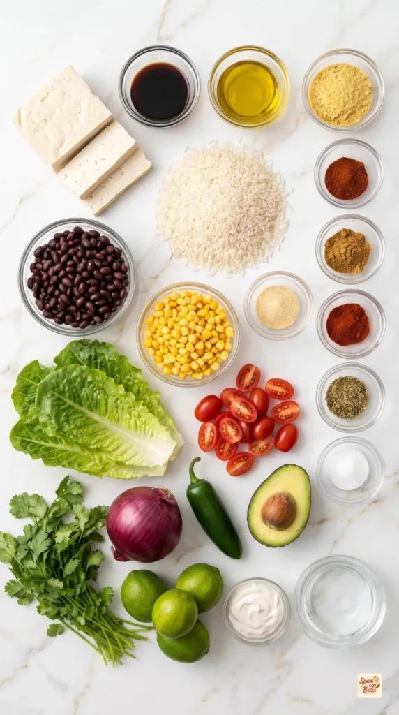 Ingredients for Baked Tofu Burrito Bowl