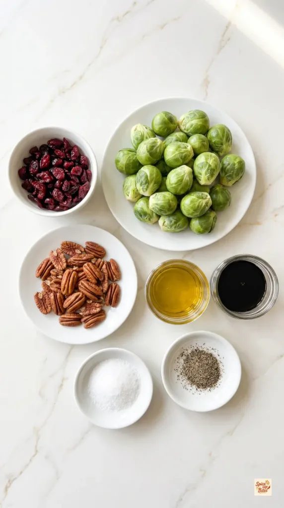 Ingredients for Balsamic Roasted Brussels Sprouts (with Cranberries and Pecans)